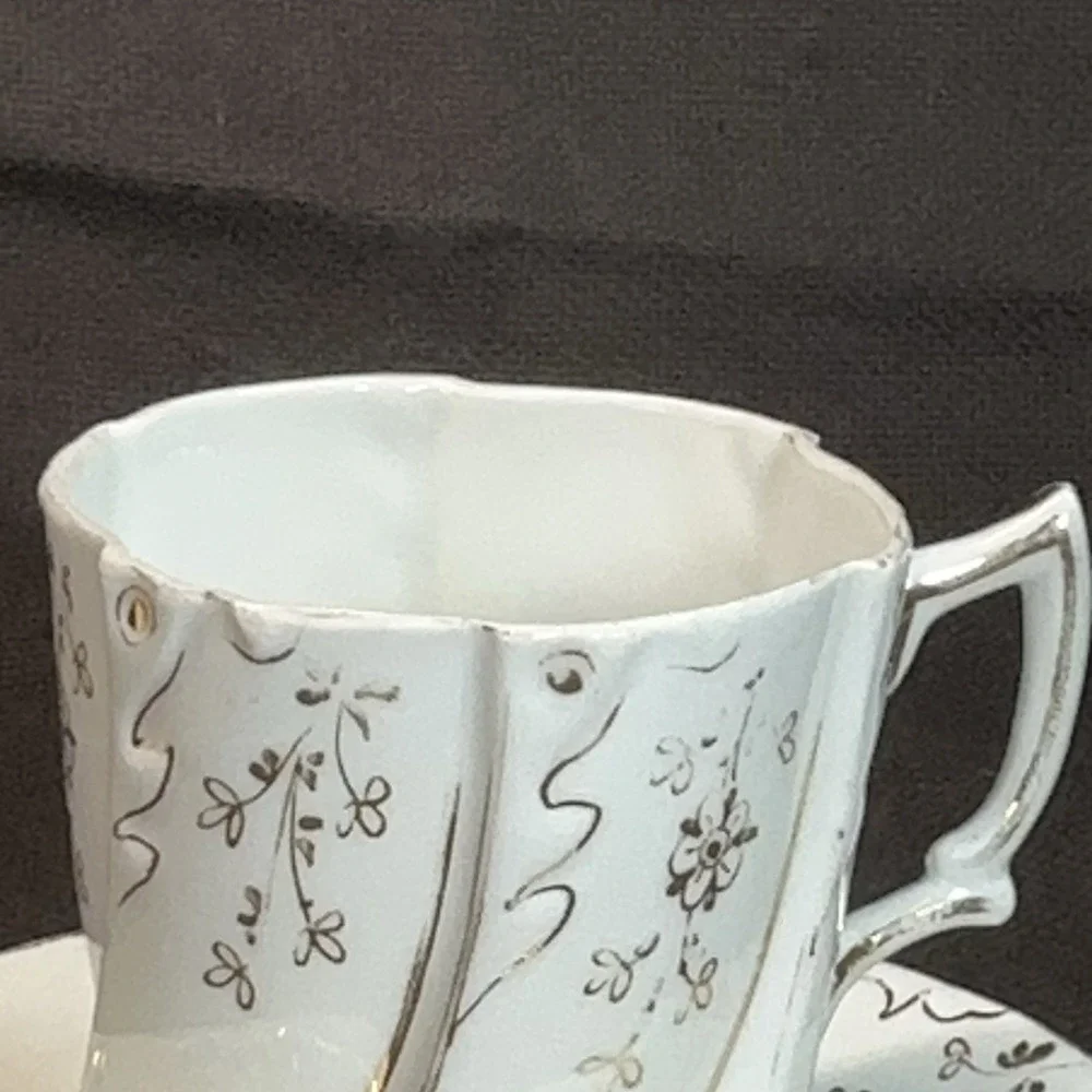 Antique Victorian Spiral Swirl Porcelain Teacup Saucer Gold Gilt Floral Tea Cup
